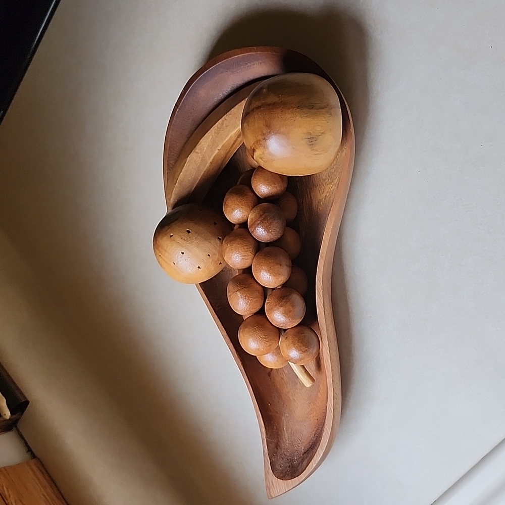 Vintage, Mid Century Modern Carved Hardwood Wooden Bowl and Wooden Fruit
